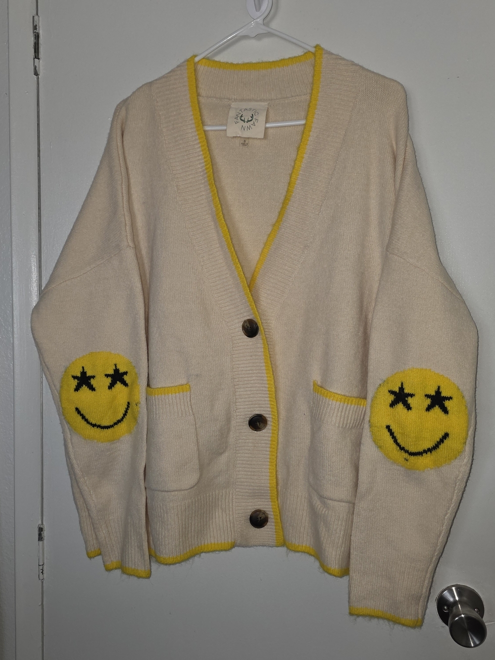 Fantastic Fawn Smiley Elbow-Patch Cream Cardigan with Yellow Trim